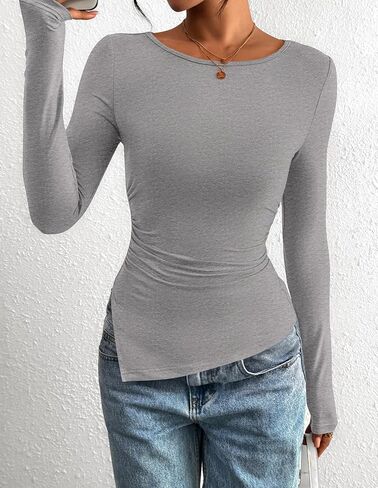 BTFBM Asymmetrical Tops for Women Long Sleeve Shirts Fall 2025 Crewneck Ruched Slit Fitted Basic Tees Going Out Top in Saudi Arabia
