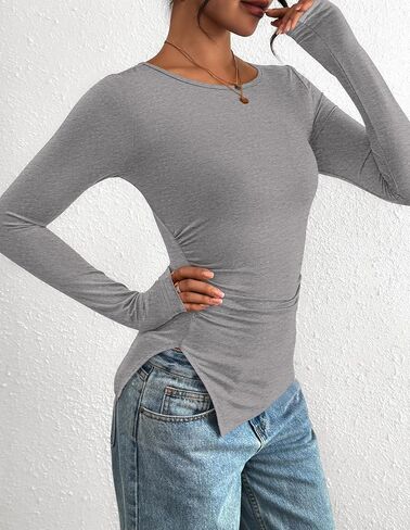 BTFBM Asymmetrical Tops for Women Long Sleeve Shirts Fall 2025 Crewneck Ruched Slit Fitted Basic Tees Going Out Top in Saudi Arabia
