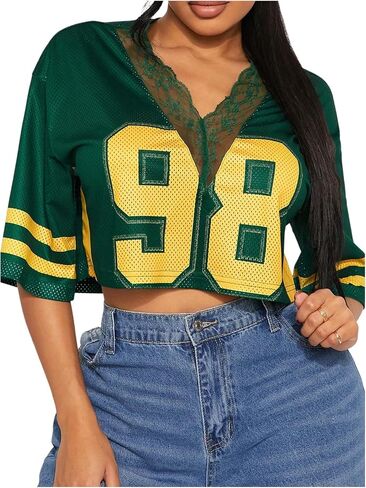 SOLY HUX Women's Number Graphic Tees Lace V Neck Half Sleeve Crop Tops Jersey Shirt Y2k Streetwear in Saudi Arabia