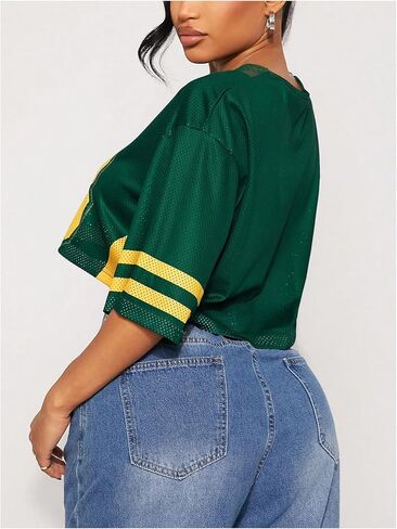 SOLY HUX Women's Number Graphic Tees Lace V Neck Half Sleeve Crop Tops Jersey Shirt Y2k Streetwear in Saudi Arabia