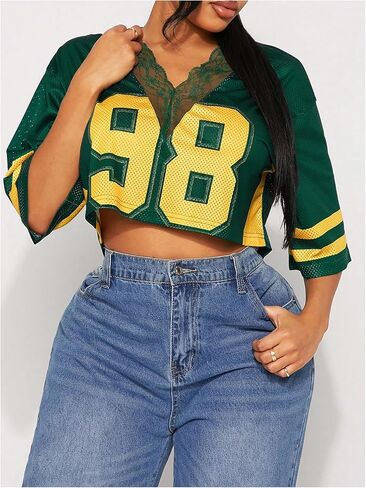 SOLY HUX Women's Number Graphic Tees Lace V Neck Half Sleeve Crop Tops Jersey Shirt Y2k Streetwear in Saudi Arabia