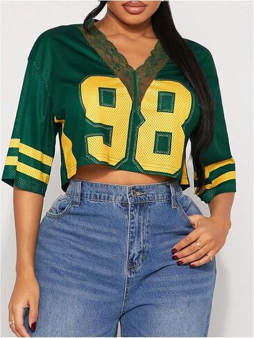 SOLY HUX Women's Number Graphic Tees Lace V Neck Half Sleeve Crop Tops Jersey Shirt Y2k Streetwear in Saudi Arabia