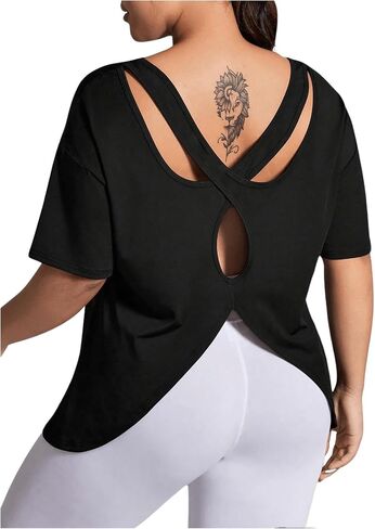 OYOANGLE Women's Plus Size Open Back Workout Tops Short Sleeve Criss Cross T-Shirts Athletic Gym Tee Top in Saudi Arabia