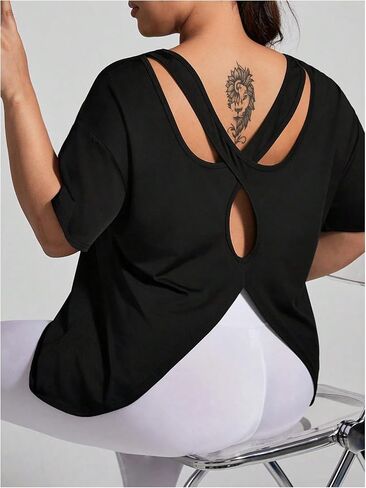 OYOANGLE Women's Plus Size Open Back Workout Tops Short Sleeve Criss Cross T-Shirts Athletic Gym Tee Top in Saudi Arabia