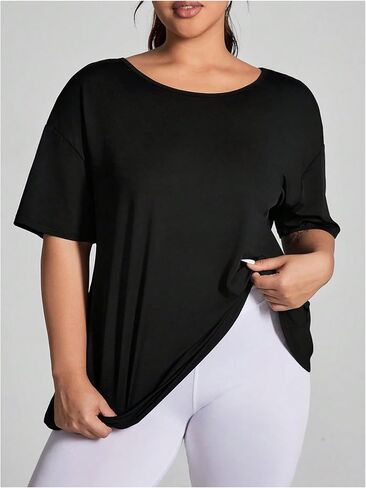 OYOANGLE Women's Plus Size Open Back Workout Tops Short Sleeve Criss Cross T-Shirts Athletic Gym Tee Top in Saudi Arabia