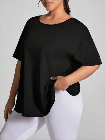 OYOANGLE Women's Plus Size Open Back Workout Tops Short Sleeve Criss Cross T-Shirts Athletic Gym Tee Top in Saudi Arabia