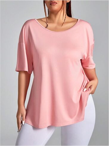 OYOANGLE Women's Plus Size Open Back Workout Tops Short Sleeve Criss Cross T-Shirts Athletic Gym Tee Top in Saudi Arabia