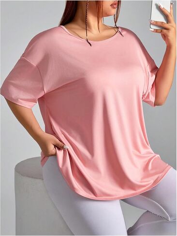 OYOANGLE Women's Plus Size Open Back Workout Tops Short Sleeve Criss Cross T-Shirts Athletic Gym Tee Top in Saudi Arabia