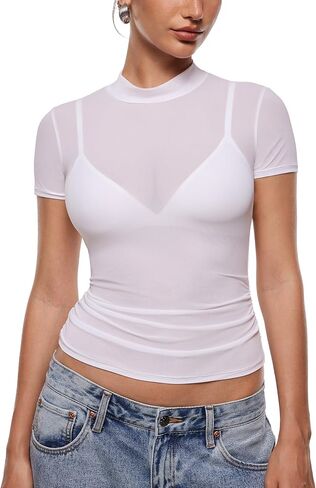 INLYRIC Women's Cosnufy Mesh Sheer Short Sleeve Shirts See Through Mock Neck Ruched Summer Going Out Tops Sexy Tees in Saudi Arabia