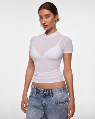 INLYRIC Women's Cosnufy Mesh Sheer Short Sleeve Shirts See Through Mock Neck Ruched Summer Going Out Tops Sexy Tees in Saudi Arabia
