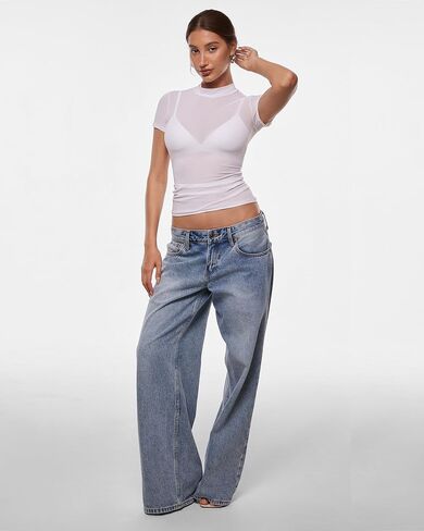 INLYRIC Women's Cosnufy Mesh Sheer Short Sleeve Shirts See Through Mock Neck Ruched Summer Going Out Tops Sexy Tees in Saudi Arabia