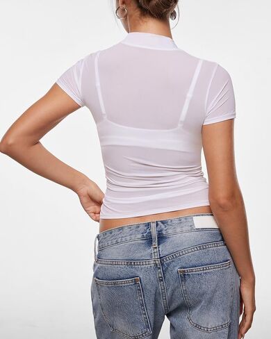 INLYRIC Women's Cosnufy Mesh Sheer Short Sleeve Shirts See Through Mock Neck Ruched Summer Going Out Tops Sexy Tees in Saudi Arabia