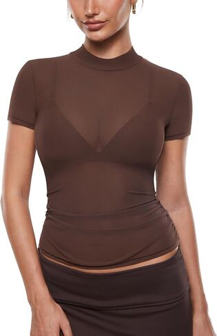INLYRIC Women's Cosnufy Mesh Sheer Short Sleeve Shirts See Through Mock Neck Ruched Summer Going Out Tops Sexy Tees in Saudi Arabia