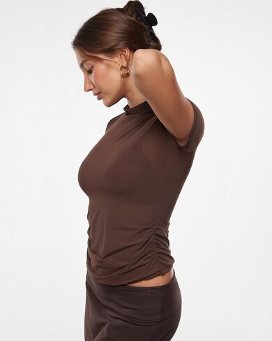 INLYRIC Women's Cosnufy Mesh Sheer Short Sleeve Shirts See Through Mock Neck Ruched Summer Going Out Tops Sexy Tees in Saudi Arabia