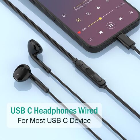 USB C Headphones for iPhone 16 15, Wired Headphones USBC for iPad Pro Air Mini, iPad 10th, MacBook, Type C Earbuds for Samsung, Google Pxiel, Earphones for Lenovo, Dell, Microphone, Volume Control in Kuwait