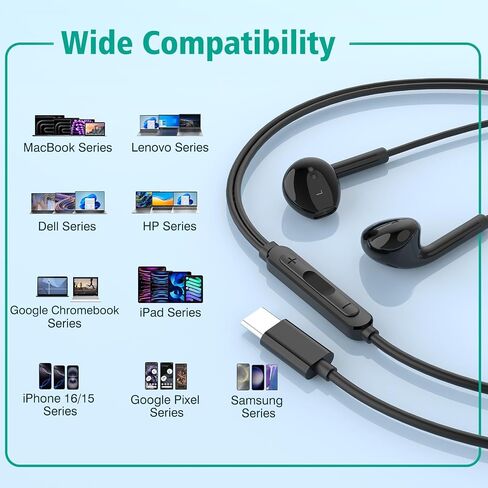 USB C Headphones for iPhone 16 15, Wired Headphones USBC for iPad Pro Air Mini, iPad 10th, MacBook, Type C Earbuds for Samsung, Google Pxiel, Earphones for Lenovo, Dell, Microphone, Volume Control in Kuwait