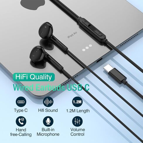 USB C Headphones for iPhone 16 15, Wired Headphones USBC for iPad Pro Air Mini, iPad 10th, MacBook, Type C Earbuds for Samsung, Google Pxiel, Earphones for Lenovo, Dell, Microphone, Volume Control in Kuwait