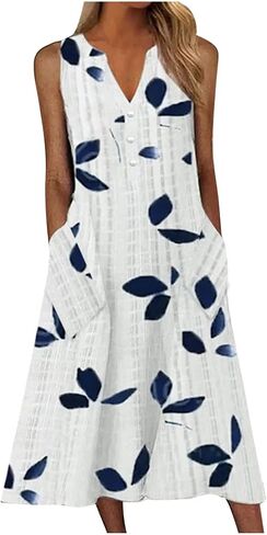 Women Casual Summer Stripe Button V Neck Sleeveless Pocket Holiday Dress Floral Sundress Midi Dress in Saudi Arabia