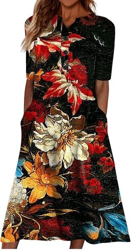 Women Casual Summer Stripe Button V Neck Sleeveless Pocket Holiday Dress Floral Sundress Midi Dress in Saudi Arabia