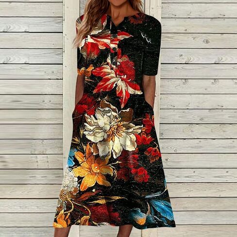 Women Casual Summer Stripe Button V Neck Sleeveless Pocket Holiday Dress Floral Sundress Midi Dress in Saudi Arabia