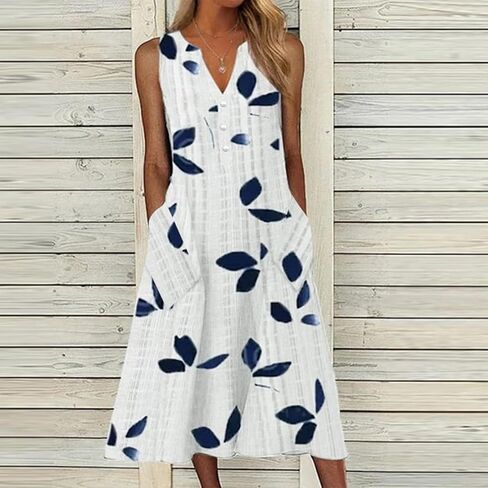 Women Casual Summer Stripe Button V Neck Sleeveless Pocket Holiday Dress Floral Sundress Midi Dress in Saudi Arabia