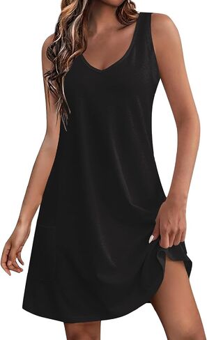 Women Casual Summer Stripe Button V Neck Sleeveless Pocket Holiday Dress Floral Sundress Midi Dress in Saudi Arabia