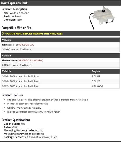 Front Front Engine Coolant Overflow Expansion Tank with Cap - Compatible with 2002-2009 Chevy Trailblazer in Saudi Arabia