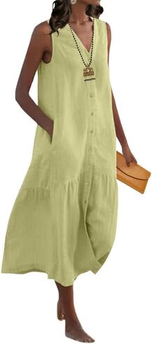 Womens Loose Linen Trendy V-Neck Sleeveless Maxi Dress Summer Casual Flowy Button Down Beach Dress with Pockets in Saudi Arabia