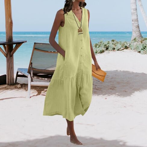 Womens Loose Linen Trendy V-Neck Sleeveless Maxi Dress Summer Casual Flowy Button Down Beach Dress with Pockets in Saudi Arabia