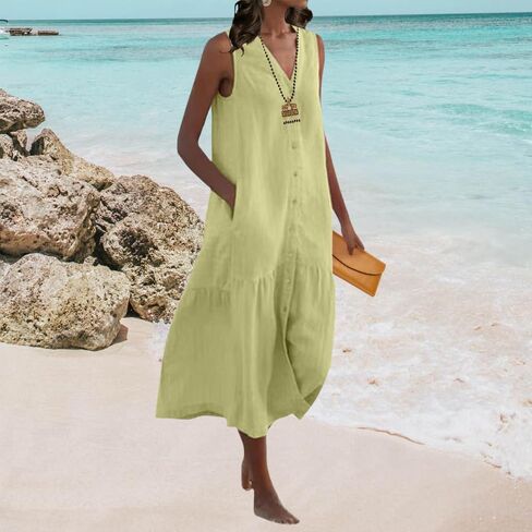 Womens Loose Linen Trendy V-Neck Sleeveless Maxi Dress Summer Casual Flowy Button Down Beach Dress with Pockets in Saudi Arabia