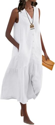 Womens Loose Linen Trendy V-Neck Sleeveless Maxi Dress Summer Casual Flowy Button Down Beach Dress with Pockets in Saudi Arabia