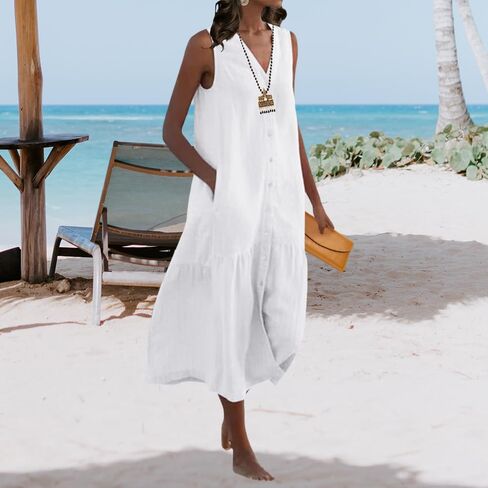 Womens Loose Linen Trendy V-Neck Sleeveless Maxi Dress Summer Casual Flowy Button Down Beach Dress with Pockets in Saudi Arabia