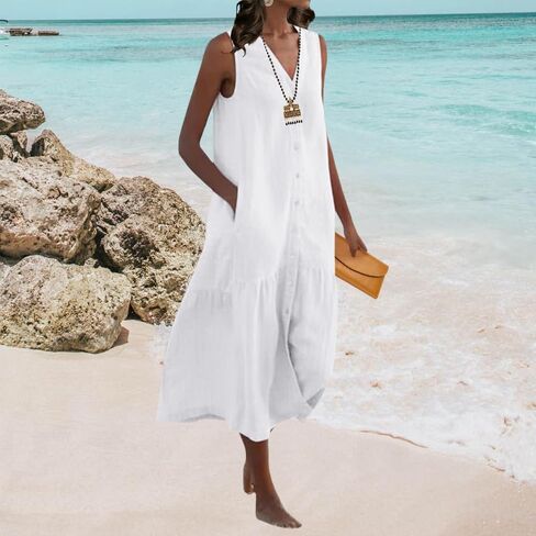 Womens Loose Linen Trendy V-Neck Sleeveless Maxi Dress Summer Casual Flowy Button Down Beach Dress with Pockets in Saudi Arabia