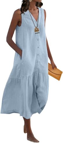 Womens Loose Linen Trendy V-Neck Sleeveless Maxi Dress Summer Casual Flowy Button Down Beach Dress with Pockets in Saudi Arabia