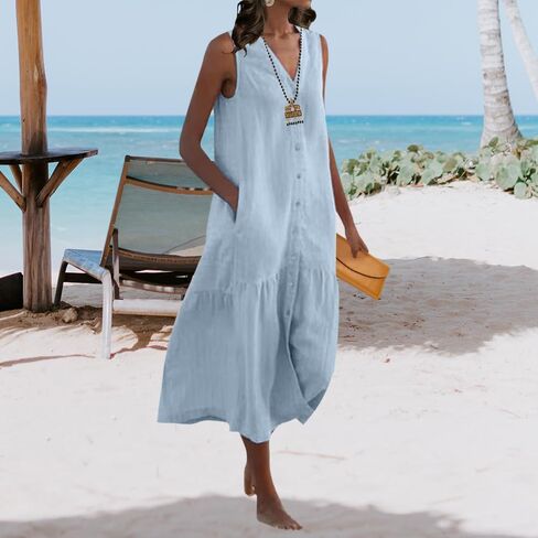 Womens Loose Linen Trendy V-Neck Sleeveless Maxi Dress Summer Casual Flowy Button Down Beach Dress with Pockets in Saudi Arabia