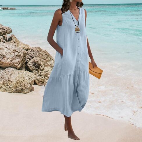 Womens Loose Linen Trendy V-Neck Sleeveless Maxi Dress Summer Casual Flowy Button Down Beach Dress with Pockets in Saudi Arabia