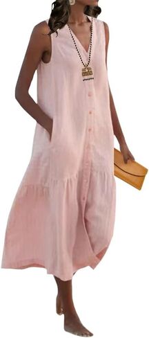 Womens Loose Linen Trendy V-Neck Sleeveless Maxi Dress Summer Casual Flowy Button Down Beach Dress with Pockets in Saudi Arabia