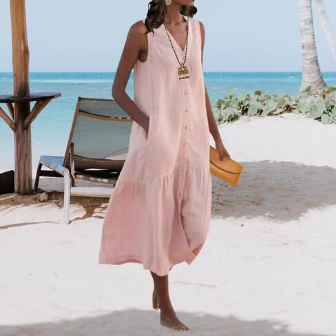Womens Loose Linen Trendy V-Neck Sleeveless Maxi Dress Summer Casual Flowy Button Down Beach Dress with Pockets in Saudi Arabia