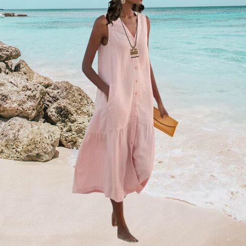 Womens Loose Linen Trendy V-Neck Sleeveless Maxi Dress Summer Casual Flowy Button Down Beach Dress with Pockets in Saudi Arabia