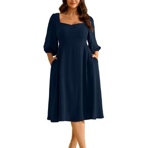 RWJ Plus Size Midi Dress for Women - 3/4 Sleeve Sweetheart Neck A-Line Casual Wedding Guest Dresses with Pockets in Kuwait