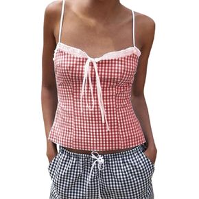 Women Gingham Lace Trim Square Neck Crop Tank Tops Plaid Y2K Sleeveless Going Out Tops Slim Fitted Casual Cami Shirts in Kuwait