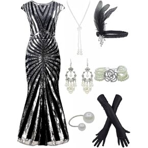 Women Floral V Neck Prom Evening Dress 1920s Flapper Cocktail Mermaid Hem Formal Gown W/Accessories Set in Kuwait