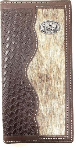 Western Basketweave Genuine Leather Cowhide Cow fur Praying Cowboy Men's Long Bifold Wallet in 3 colors (Brown) in Saudi Arabia
