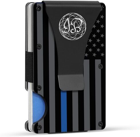 Black & Gray American Flag Engraved, Minimalist Wallet, RFID Blocking Aluminum Slim Wallet With Money Strap (Blue Line with Money Clip) in Saudi Arabia