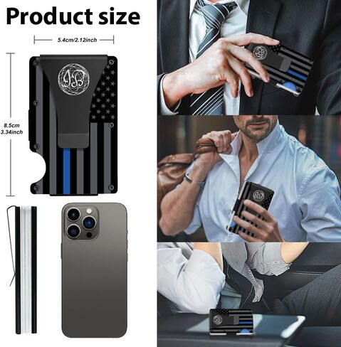 Black & Gray American Flag Engraved, Minimalist Wallet, RFID Blocking Aluminum Slim Wallet With Money Strap (Blue Line with Money Clip) in Saudi Arabia
