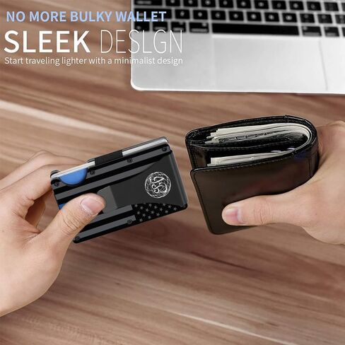 Black & Gray American Flag Engraved, Minimalist Wallet, RFID Blocking Aluminum Slim Wallet With Money Strap (Blue Line with Money Clip) in Saudi Arabia