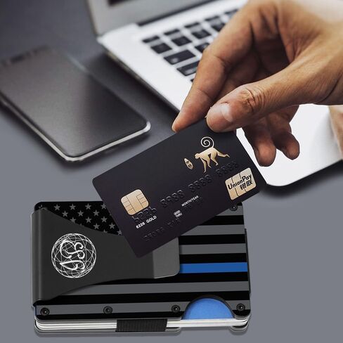 Black & Gray American Flag Engraved, Minimalist Wallet, RFID Blocking Aluminum Slim Wallet With Money Strap (Blue Line with Money Clip) in Saudi Arabia