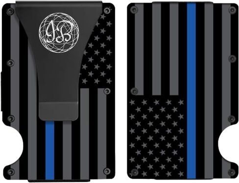 Black & Gray American Flag Engraved, Minimalist Wallet, RFID Blocking Aluminum Slim Wallet With Money Strap (Blue Line with Money Clip) in Saudi Arabia