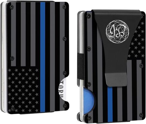 Black & Gray American Flag Engraved, Minimalist Wallet, RFID Blocking Aluminum Slim Wallet With Money Strap (Blue Line with Money Clip) in Saudi Arabia