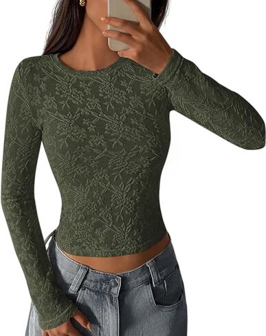 Prettygarden نساء 2025 خريف الأكمام طويلة الدانتيل tirts crewneck silm fit in Saudi Arabia